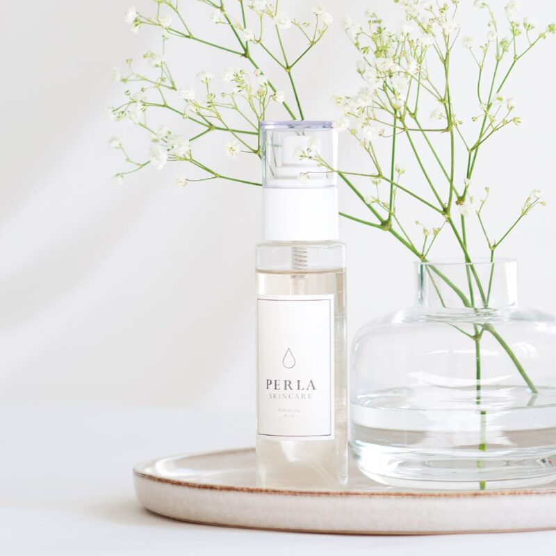 Perla Skincare hydrating facial mist with flower waters.